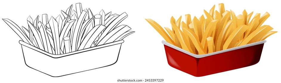 Vector illustration of fries in monochrome and color