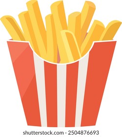 Ilustración vectorial de patatas fritas en embalaje rojo con tres rayas blancas