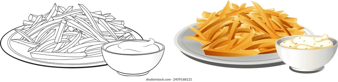 Vector illustration of fries with two dipping sauces