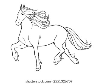 Vector illustration of Friesian horse. Black outline on white background for coloring book.