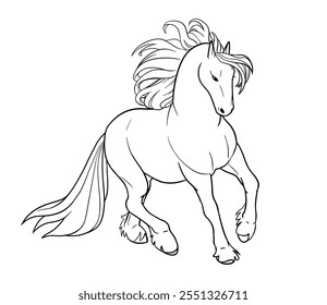 Vector illustration of Friesian horse. Black outline on white background for coloring book.