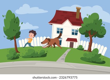 Vector illustration of frightened boy runs from a huge bulldog with red eyes that wants to bite him and barks, against the backdrop of a two-story white house with a lawn and trees.