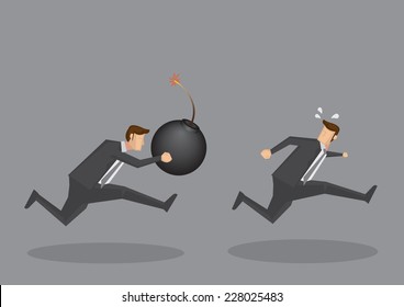 Vector illustration of a frightened businessman running away from a aggressive businessman with a ignited giant bomb 