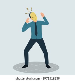 Vector illustration of a frightened businessman with a theatrical mask on his face. The mysterious man hides his identity under a mask. Fear of being exposed.