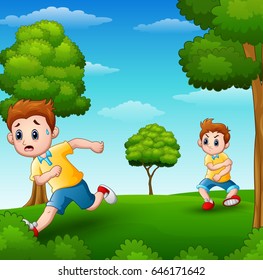 Vector illustration of A frightened kid running because disturbed naughty child in the garden