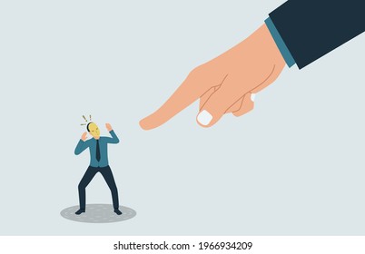 Vector illustration of a frightened man hiding his identity. A hand pointing at the impostor.