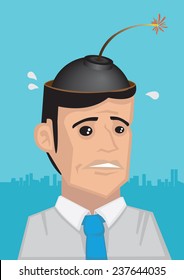 Vector illustration of frightened man with ignited bomb in his head in cartoon style