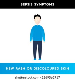 Vector illustration of a frightened man whose face is discolored due to an illness. A character with a pale complexion. Symptoms of sepsis. Illustration for medical articles.