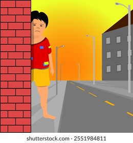 Ilustración vectorial de un niño de la calle asustado escondido detrás de una pared	