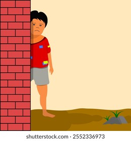 Ilustración vectorial de un niño de la calle asustado escondido detrás de una pared	
