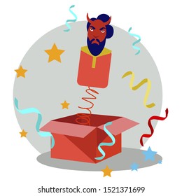 A vector illustration of a frightening. Toy devil out of the box