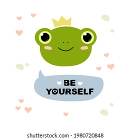Vector illustration of frog face and lettering. Cartoon character for kids