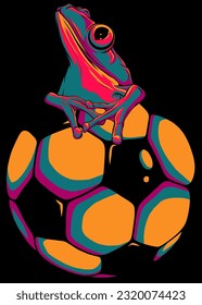 vector illustration Frog mascotte on a soccer ball on black background
