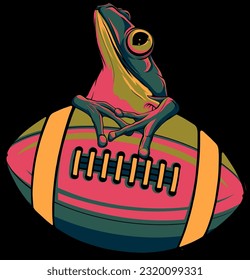 vector illustration Frog mascotte on a rugby ball on black background