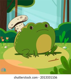 Vector illustration frog   mushroom sitting ground 
