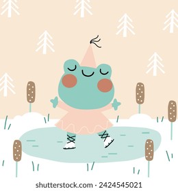 Vector illustration of a frog on ice. Story illustration for the advent calender. Winter. Skates