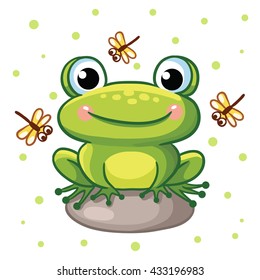 Vector illustration of a frog on a rock and crystals on a background of green peas. Cute frog sitting on a rock and smiling.