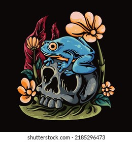 vector illustration frog on the skull vintage illustration