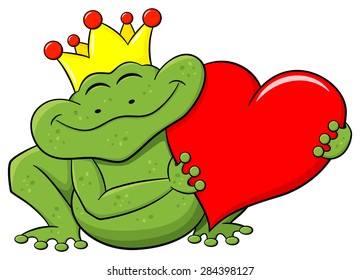 vector illustration of a frog prince holding a red heart