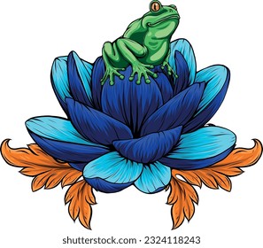 vector illustration of frog sits on a water lily flower