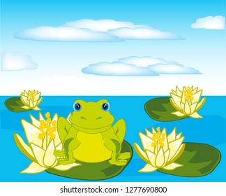 Vector illustration of the frog sitting on water lily