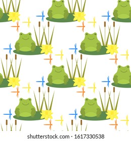 Vector illustration with a frog sitting on a leaf of a water lily among reeds and dragonflies. Flat design.

