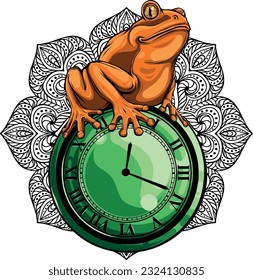 vector illustration of frog sitting on clock