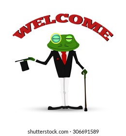 vector illustration, frog in a suit and hat