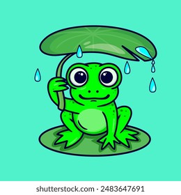 Vektorillustration eines Frosches, der Schutz mit Lotusblättern nimmt, Cartoon-Stil Design