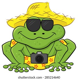 vector illustration of a frog as a tourist with camera, sunglasses and straw hat