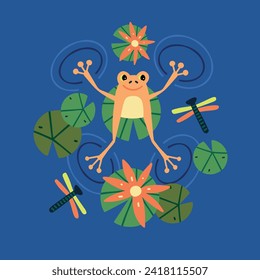 Vector illustration with a frog and water lilies