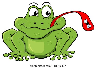 Vector Illustration Of A Frog Who Catches A Fly With His Tongue