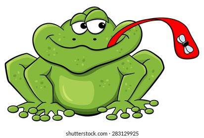 vector illustration of a frog who catches a fly with his tongue