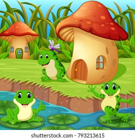 vector illustration of Frogs around a mushroom house