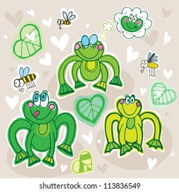 Vector illustration with frogs and bees