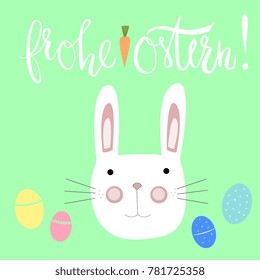 Vector illustration of Frohe Ostern German greeting words and rabbit with eggs on green background.