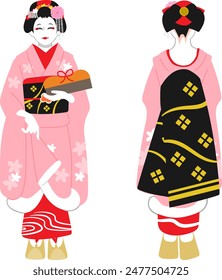 Vector illustration of a front and back view of a Kyoto maiko