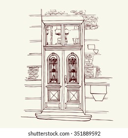 Vector illustration of the front door in old city center drawn in sketch style. Front porch in Belgrade, Serbia, Eastern Europe.