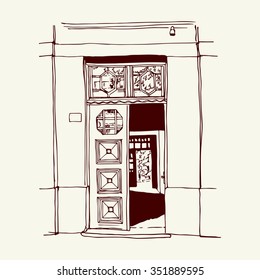 Vector illustration of the front door in old city center drawn in sketch style. Front porch in Belgrade, Serbia, Eastern Europe.