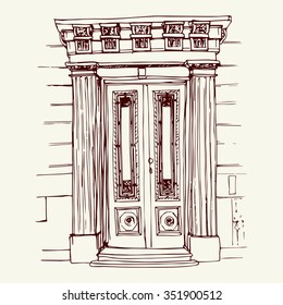 Vector illustration of the front door in old city center drawn in sketch style. Front porch in Belgrade, Serbia, Eastern Europe.