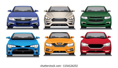 Vector illustration of the front ends of several modern sedans.