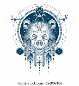 Vector illustration of a front view of a bear s head, geometric sketch of a tattoo, print. Abstract ethnic tribal pattern.