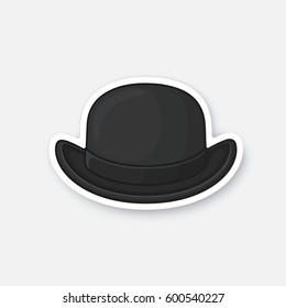 Vector illustration. Front view of black retro bowler hat. Vintage elegant hat. Sticker in cartoon style with contour. Decoration for greeting cards, patches, prints for clothes, badges, emblems