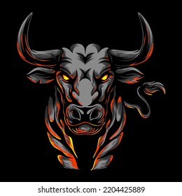 vector illustration Front view of a bull with long horns preparing to chase its prey vintage illustration