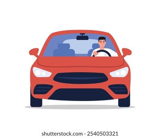 Ilustração vetorial de uma vista frontal de um carro com um cara bonito. Cena em desenho animado de um cara sentado atrás da direção de um carro vermelho isolado sobre um fundo branco. O carro está dirigindo na estrada. Veículo.