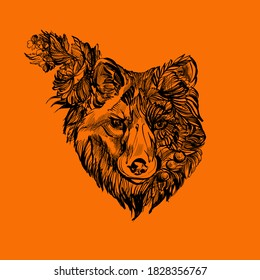 Vector illustration of a front view of a fox head. Flowers and fox's head. Fox nature illustration t-shirt print graphic design - Vector
