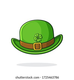 Vector illustration. Front view of green retro bowler hat with golden buckle and clover. Saint Patrick's Day symbol. Graphic design with contour. Isolated on white background