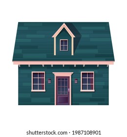 Vector illustration of front view of house exterior with roof, doors and windows.