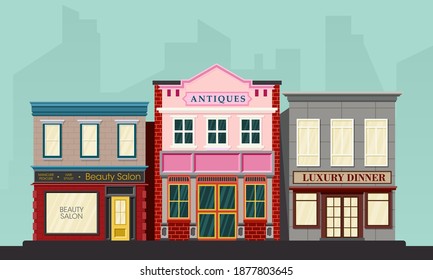 Vector illustration of a front view of a large city roadside shopping complex. Suitable for design elements from shopping promotions. Beauty salon front building, restaurant and antique storefront.