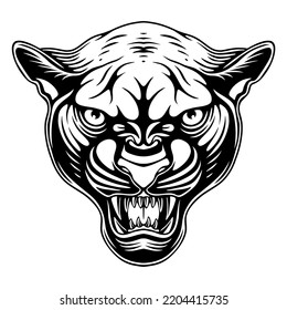 Vector Illustration Front View Panther Head With Angry Pose And Stalking Prey Black And White Design